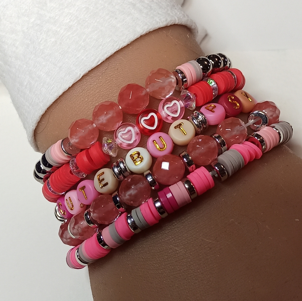Chic Pink and Red Beaded Bracelet Set